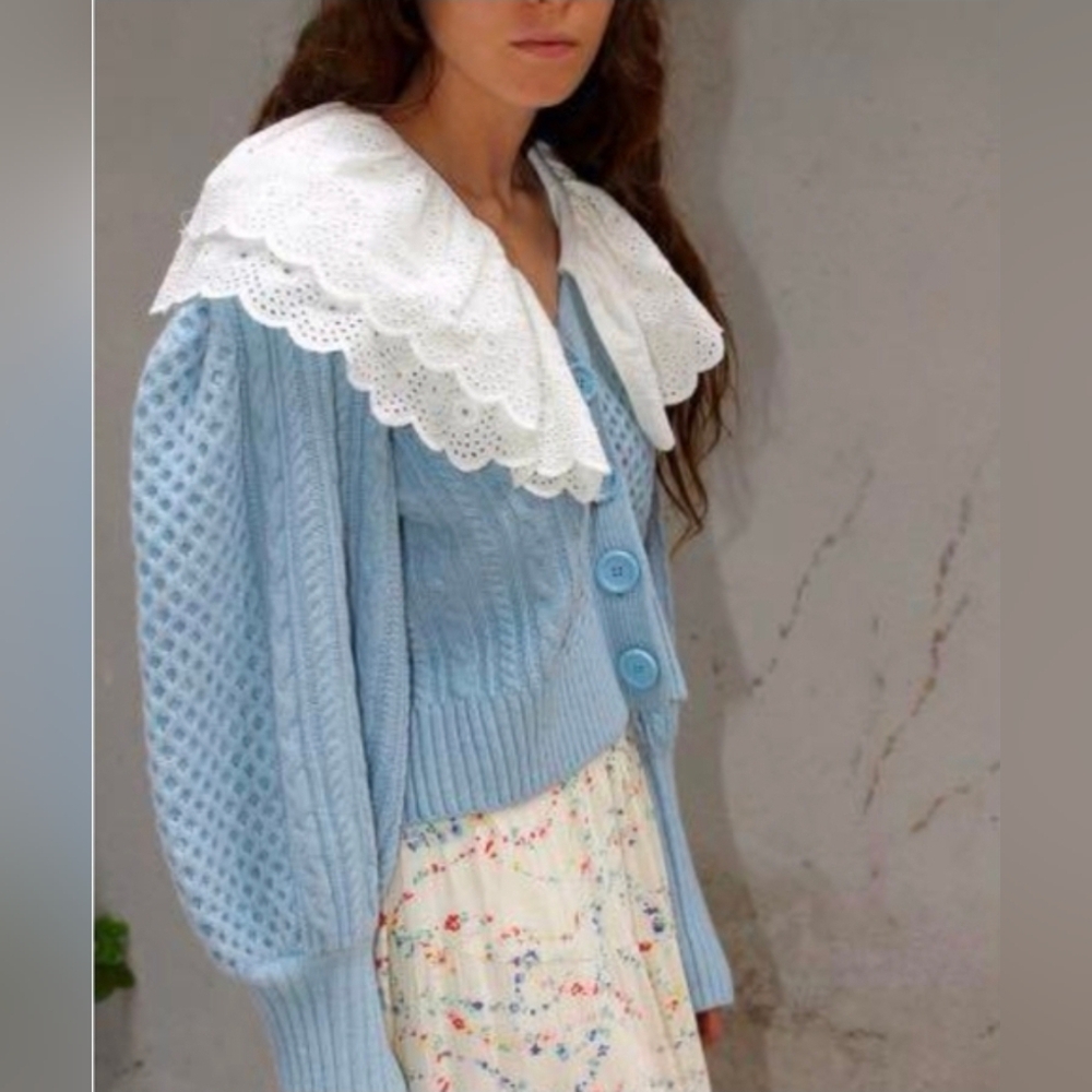 Sea NY Melanie cable-knit cropped cardigan light blue wool Broderie Collar XS - Picture 3 of 16
